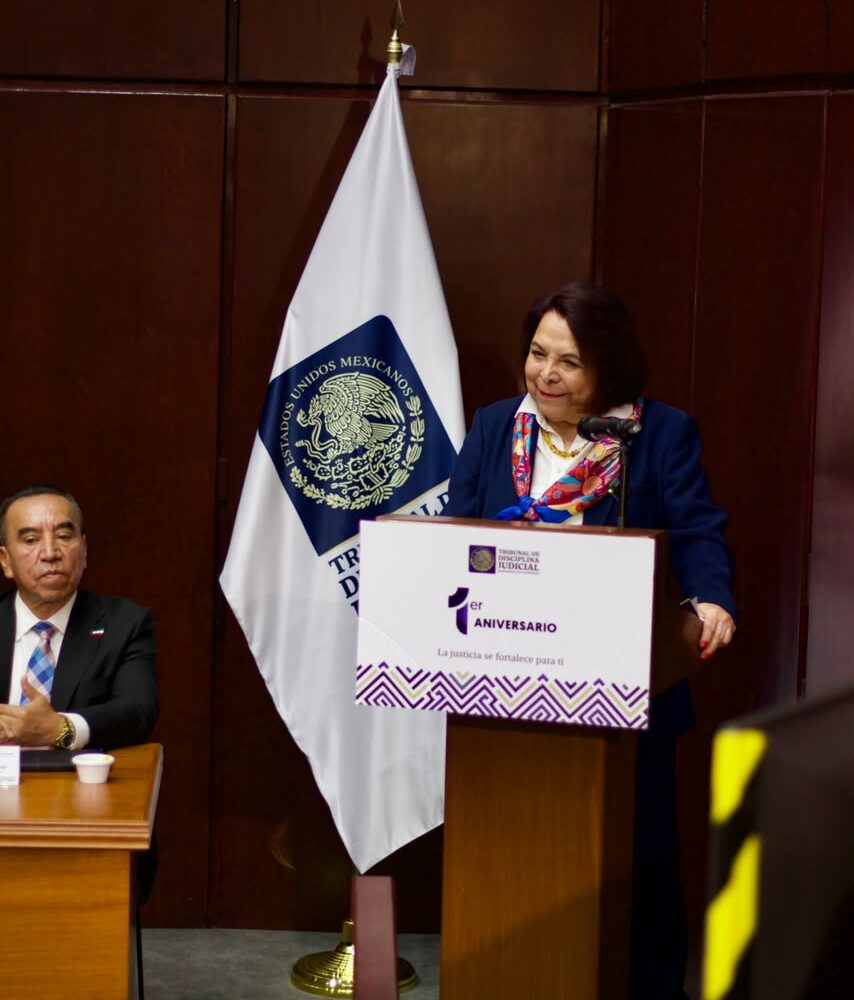 Celia Maya García durante su intervención en el primer aniversario del Tribunal de Disciplina Judicial