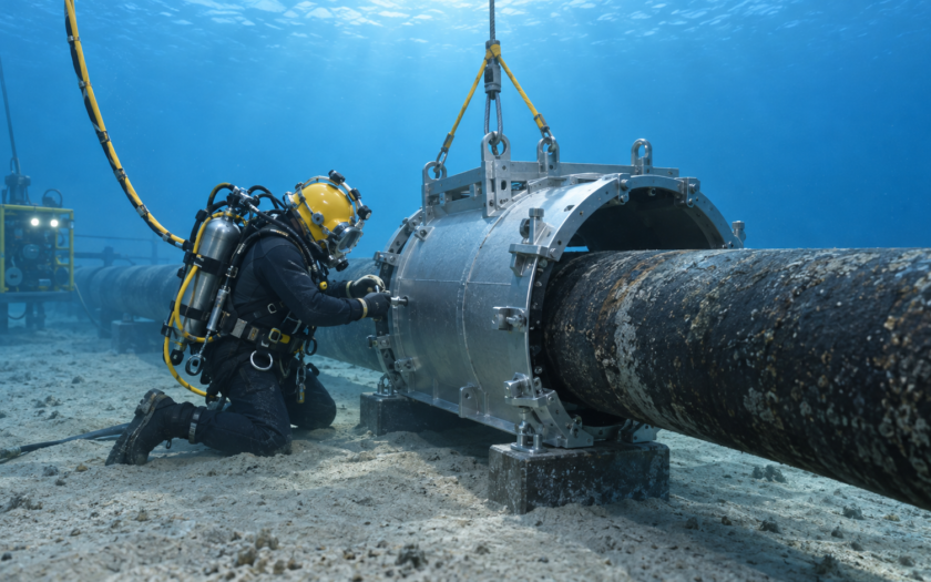 Buzo técnico trabaja junto a un ducto marino durante una operación de reparación submarina